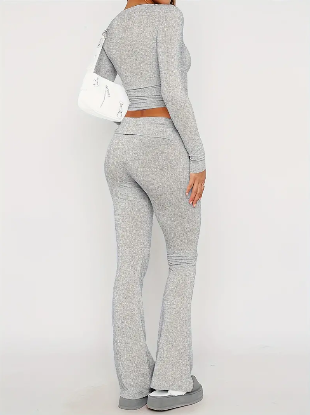 Hilda-Meredith | Women's Long Sleeve Crop Top & Flare Trousers Set