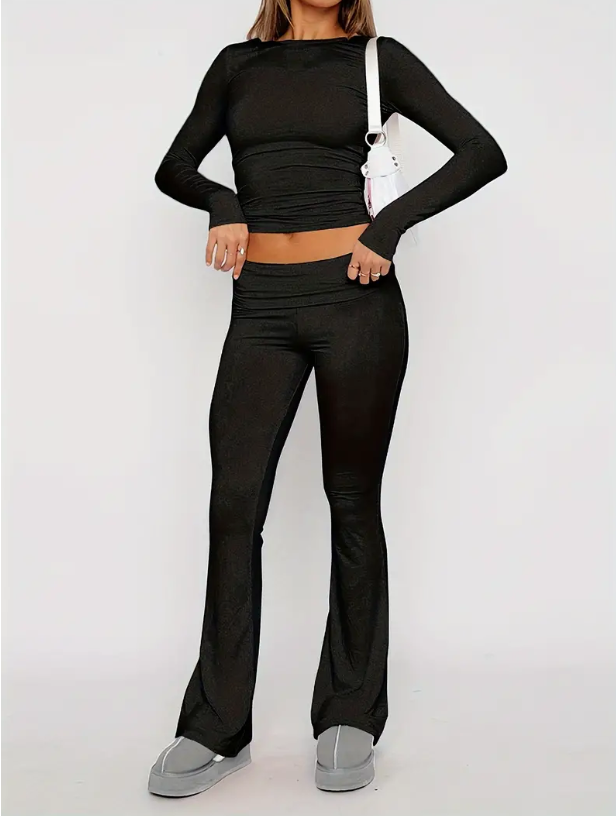 Hilda-Meredith | Women's Long Sleeve Crop Top & Flare Trousers Set