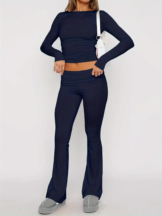 Hilda-Meredith | Women's Long Sleeve Crop Top & Flare Trousers Set