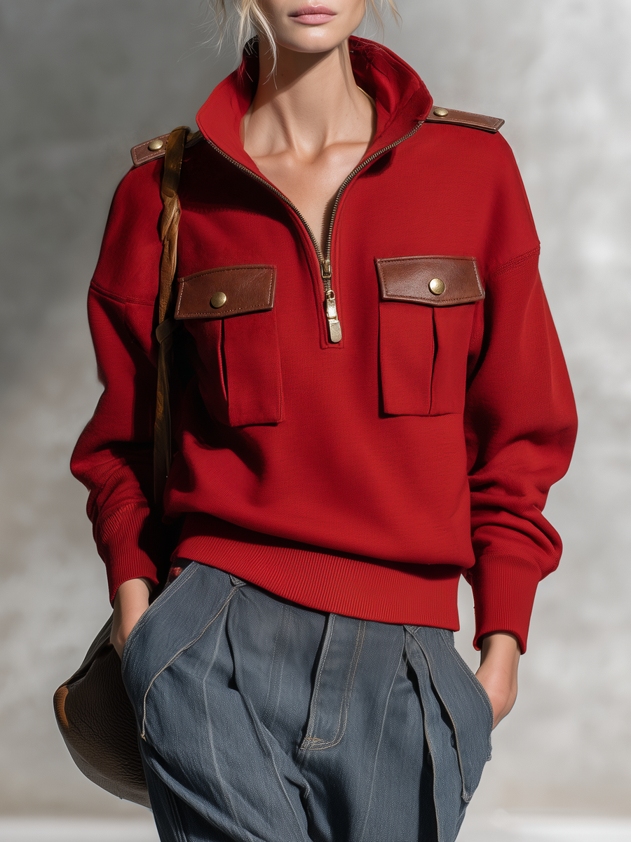 Annelise-Erna | Women's Military-Style Pullover with PU Leather Trim