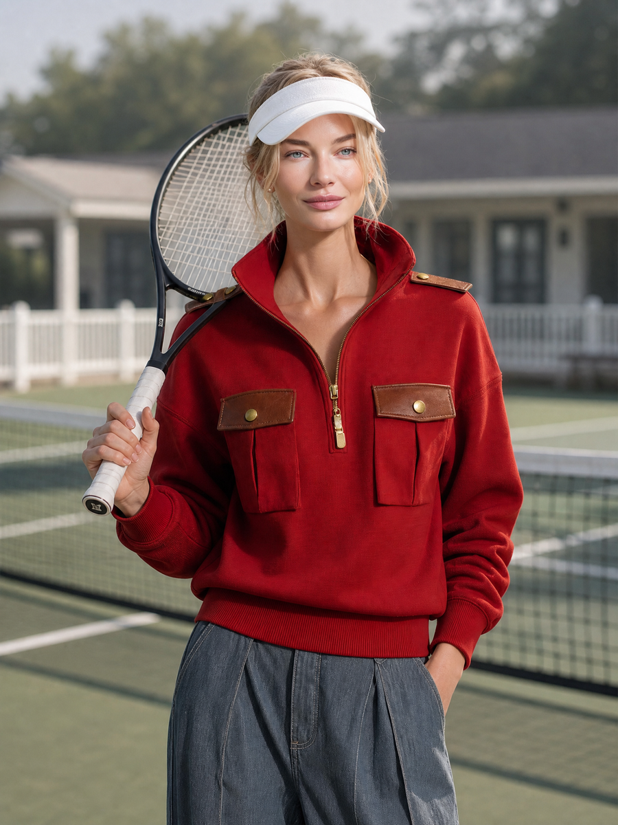 Annelise-Erna | Women's Military-Style Pullover with PU Leather Trim
