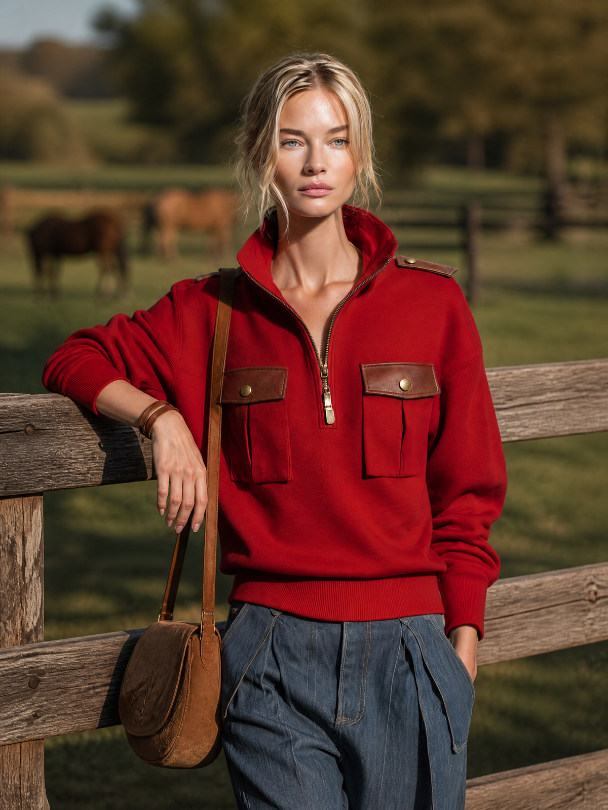 Annelise-Erna | Women's Military-Style Pullover with PU Leather Trim