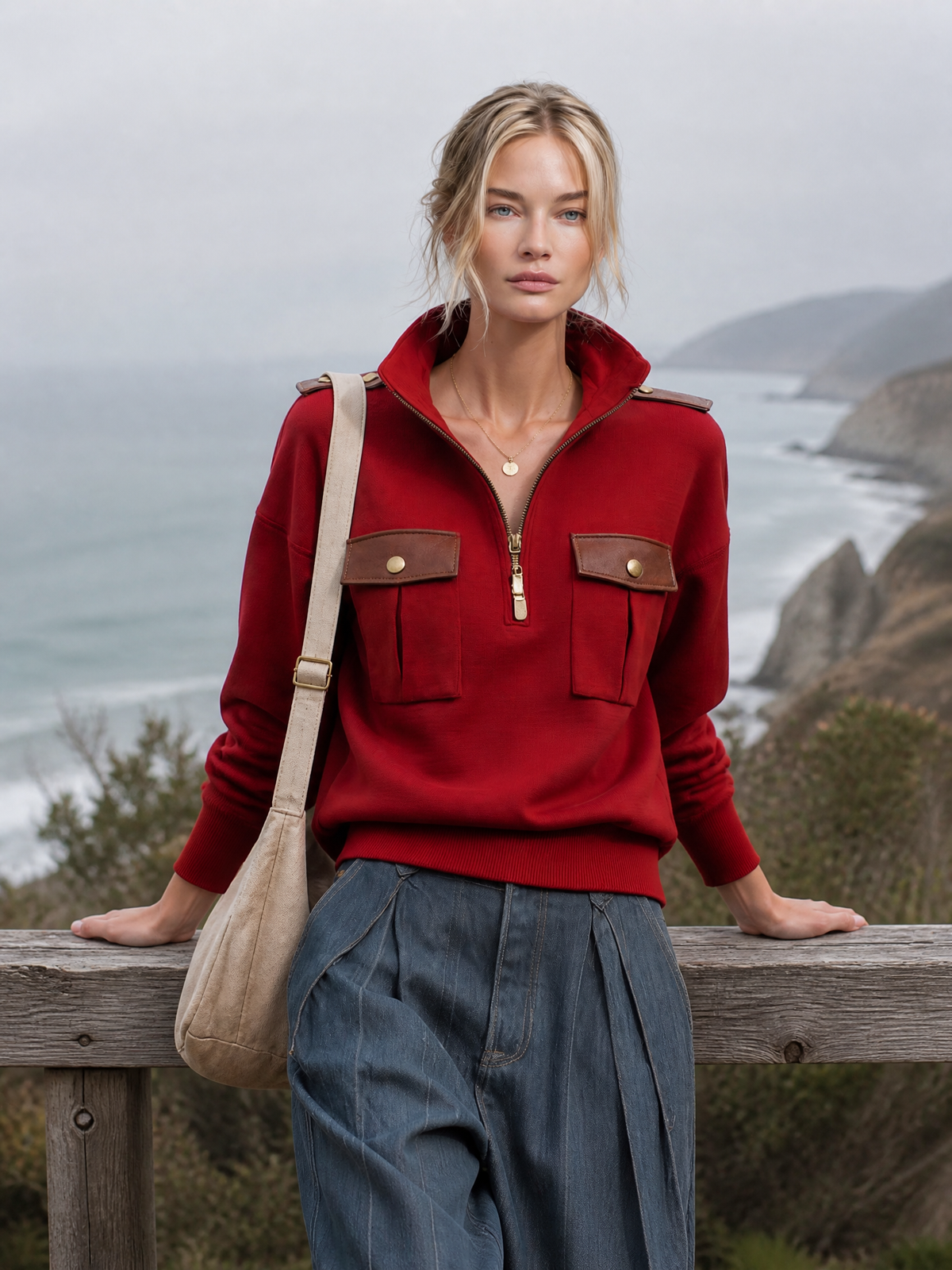 Annelise-Erna | Women's Military-Style Pullover with PU Leather Trim