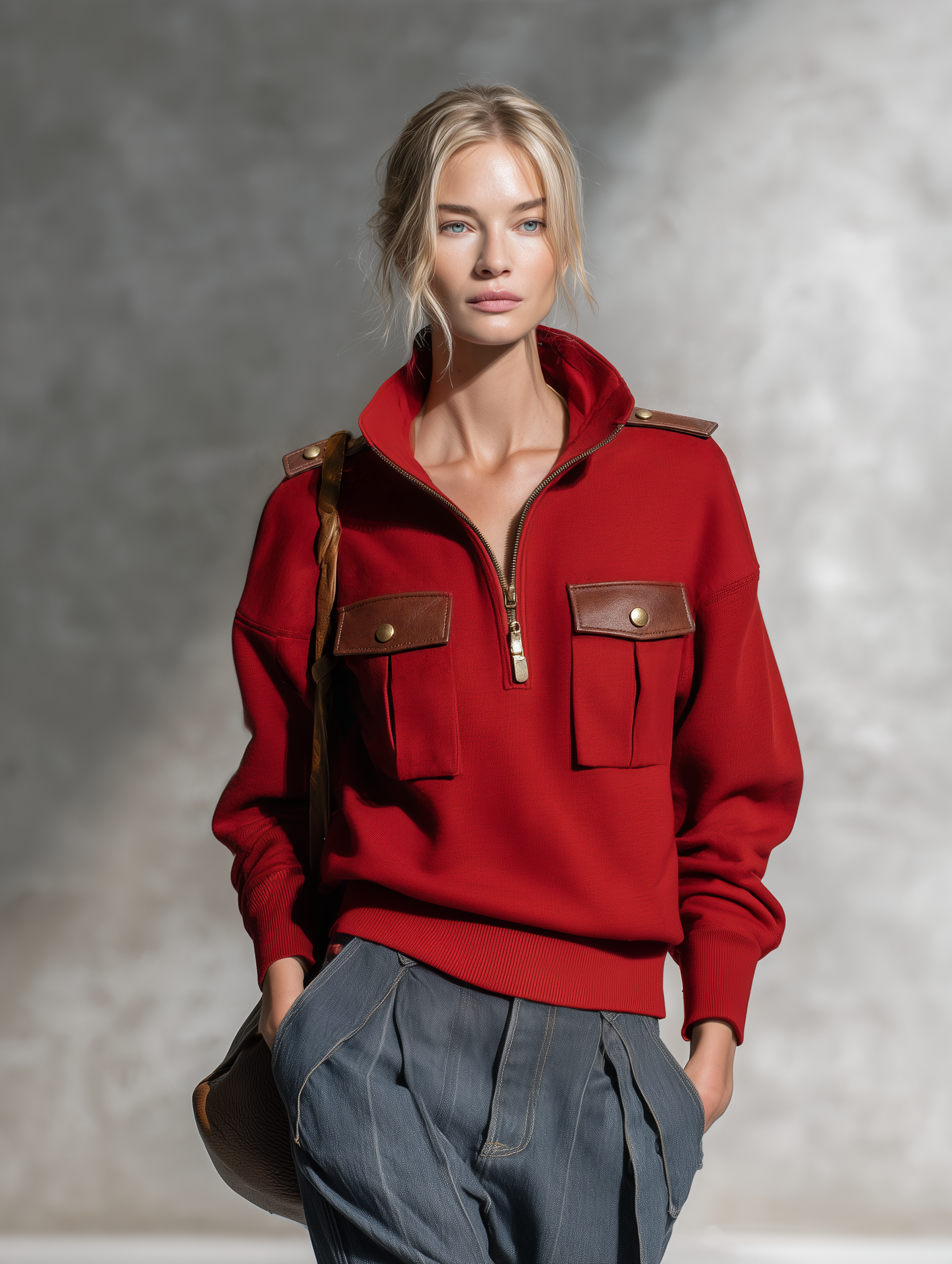 Annelise-Erna | Women's Military-Style Pullover with PU Leather Trim
