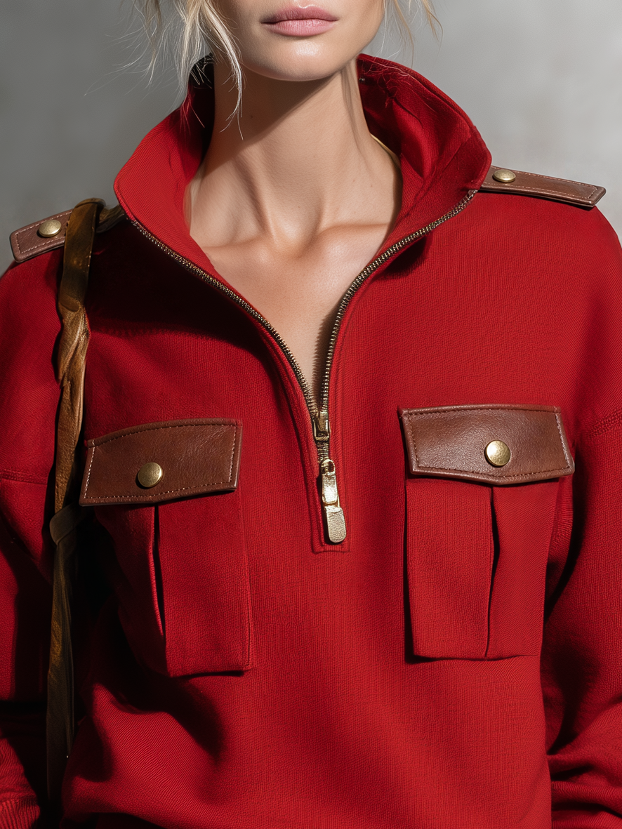 Annelise-Erna | Women's Military-Style Pullover with PU Leather Trim