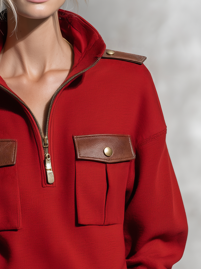 Annelise-Erna | Women's Military-Style Pullover with PU Leather Trim