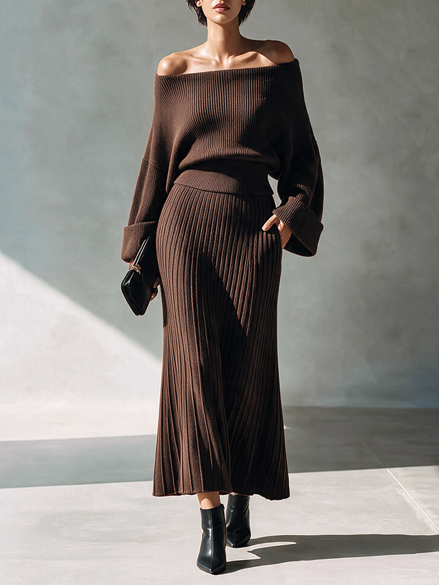 Yvonne | Women's Off-Shoulder Knit Top and Pleated Midi Skirt Set