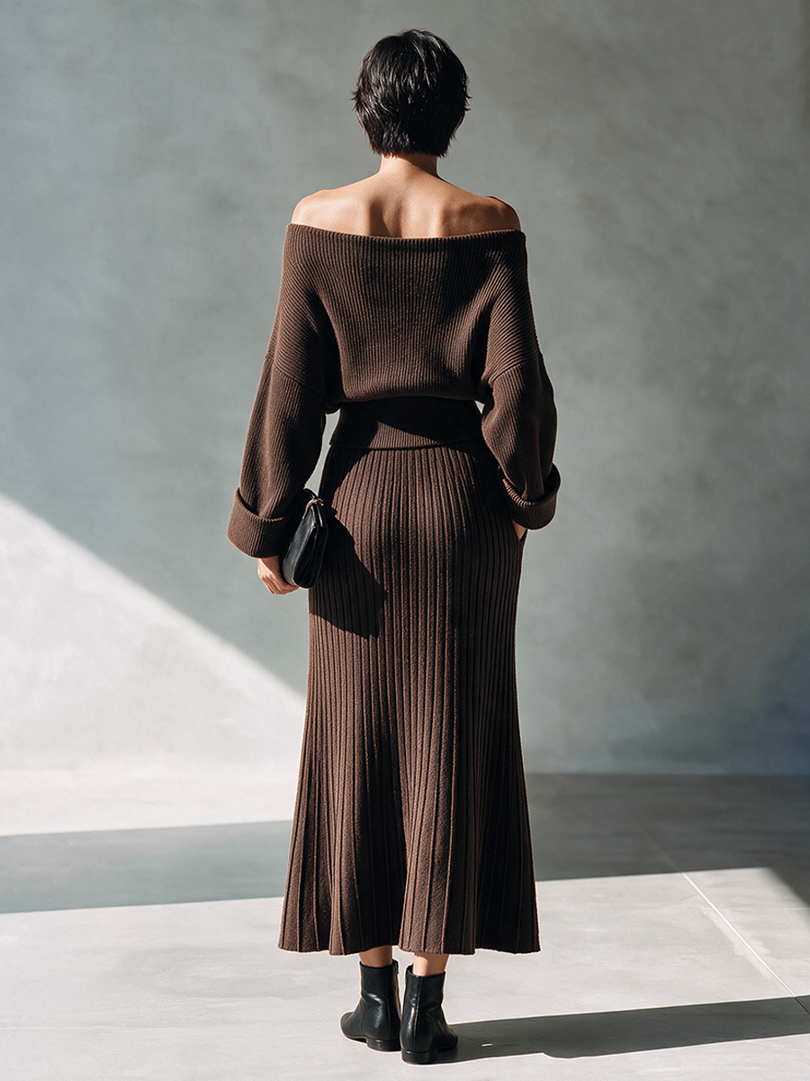 Yvonne | Women's Off-Shoulder Knit Top and Pleated Midi Skirt Set