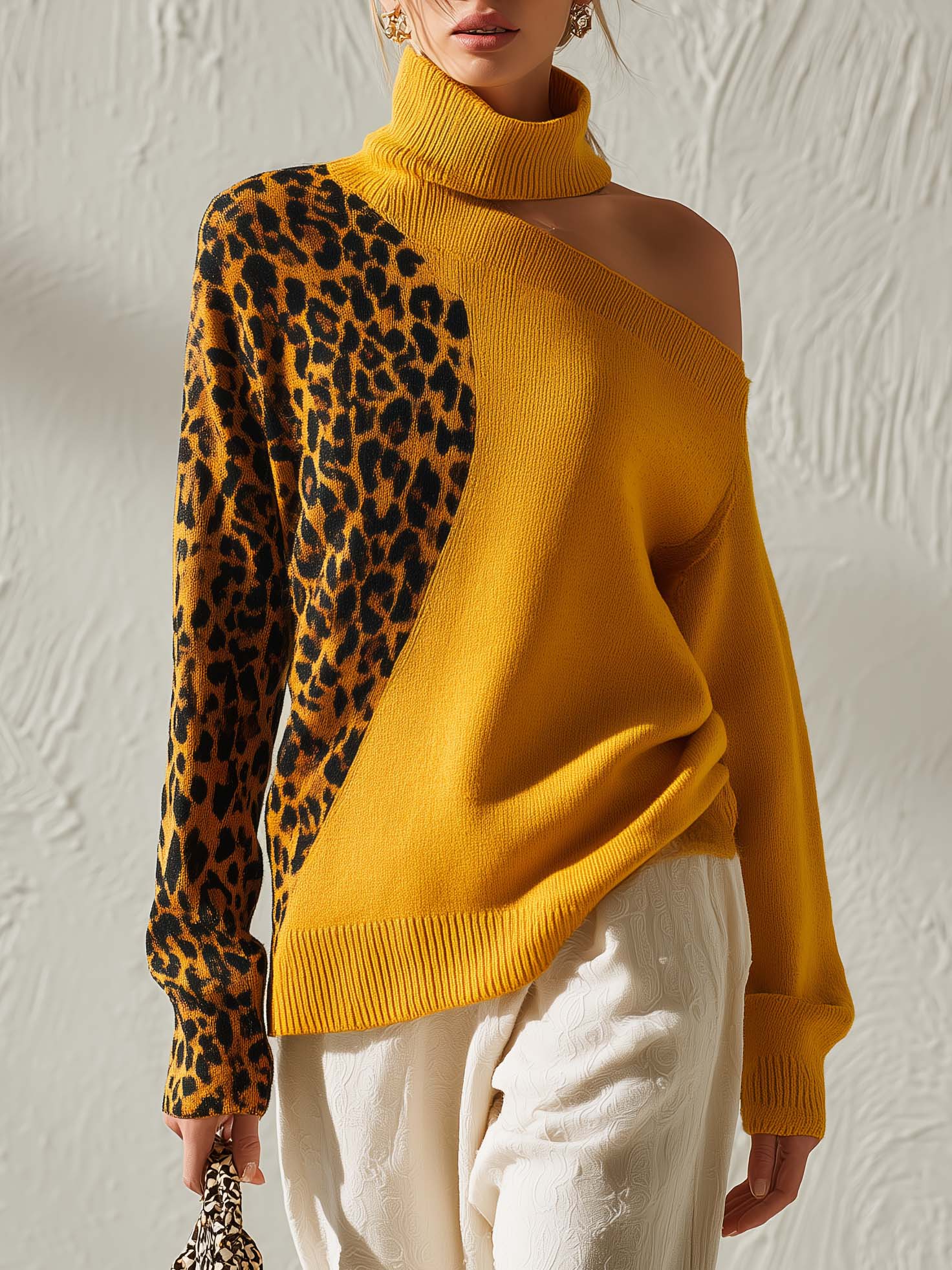 Renata | Women's Off-Shoulder Leopard Contrast Knit Top