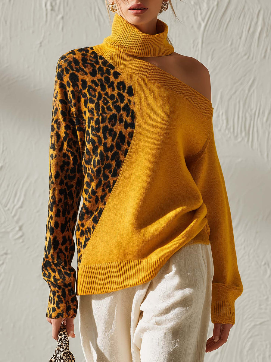 Renata | Women's Off-Shoulder Leopard Contrast Knit Top
