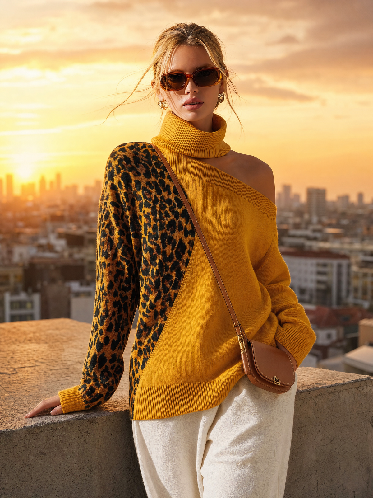 Renata | Women's Off-Shoulder Leopard Contrast Knit Top