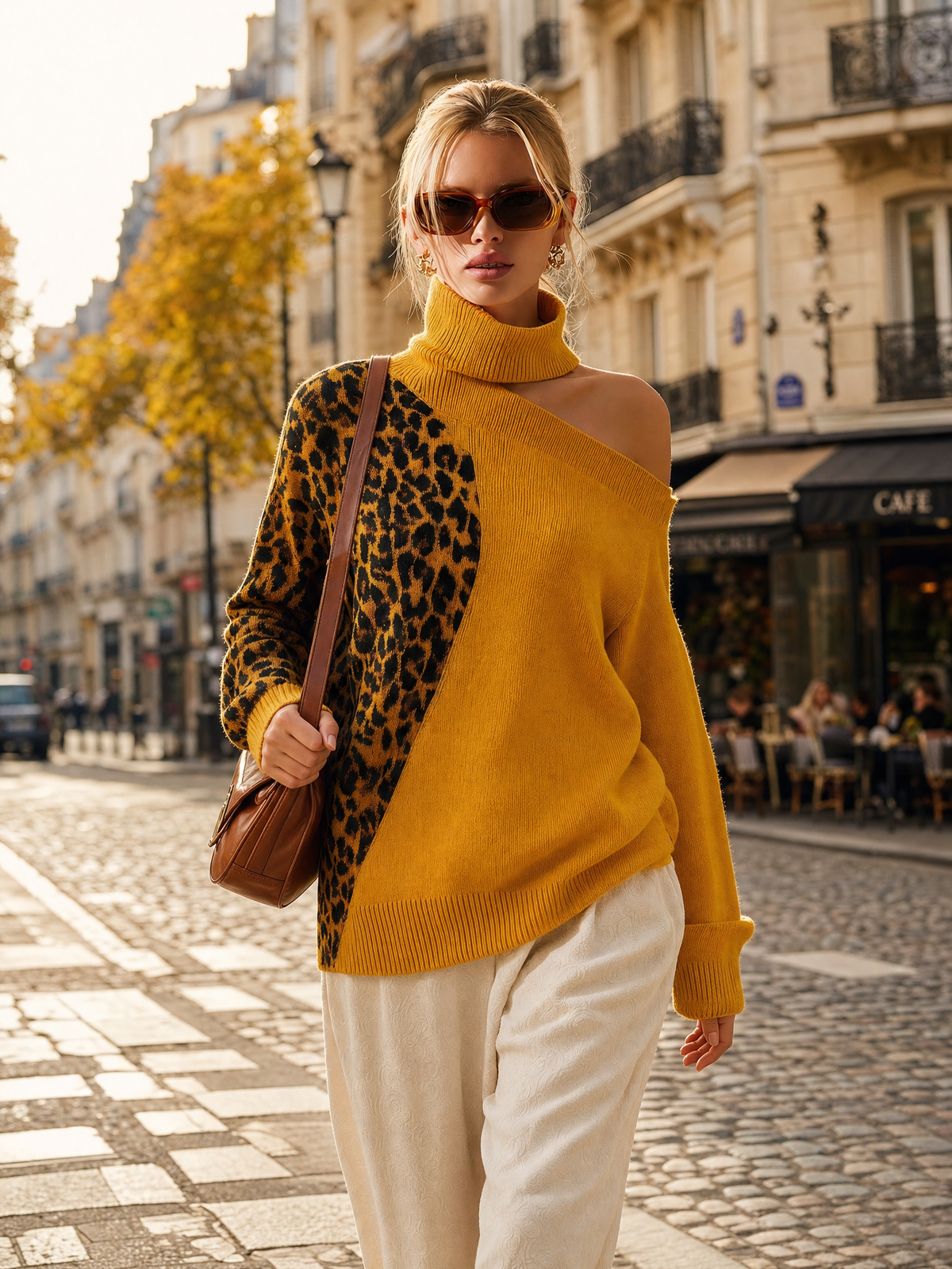 Renata | Women's Off-Shoulder Leopard Contrast Knit Top