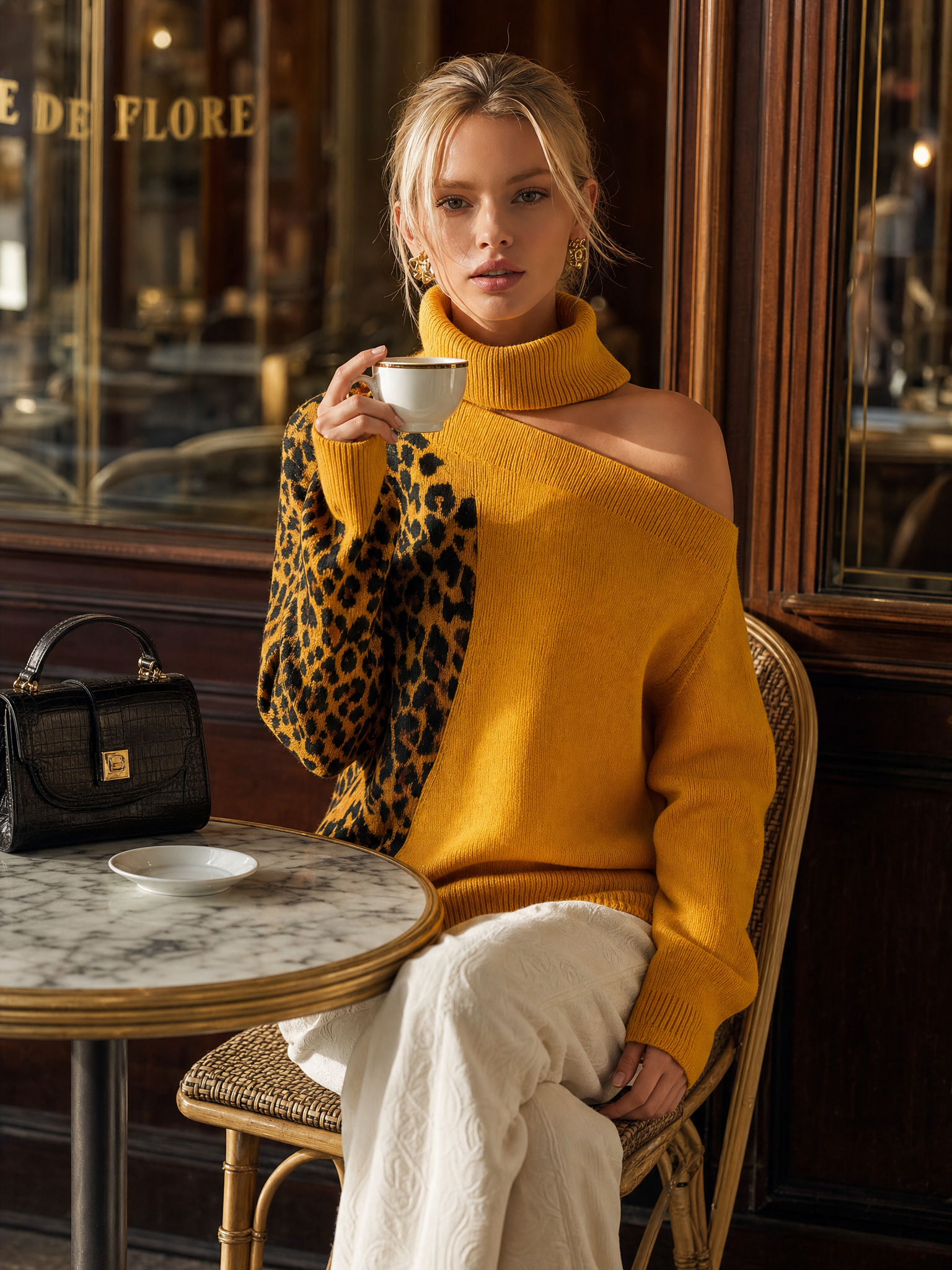 Renata | Women's Off-Shoulder Leopard Contrast Knit Top