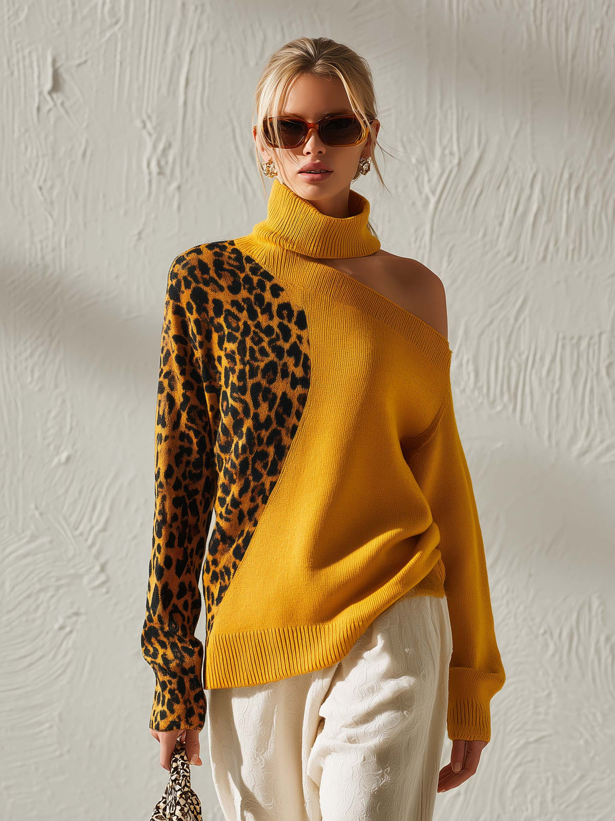 Renata | Women's Off-Shoulder Leopard Contrast Knit Top