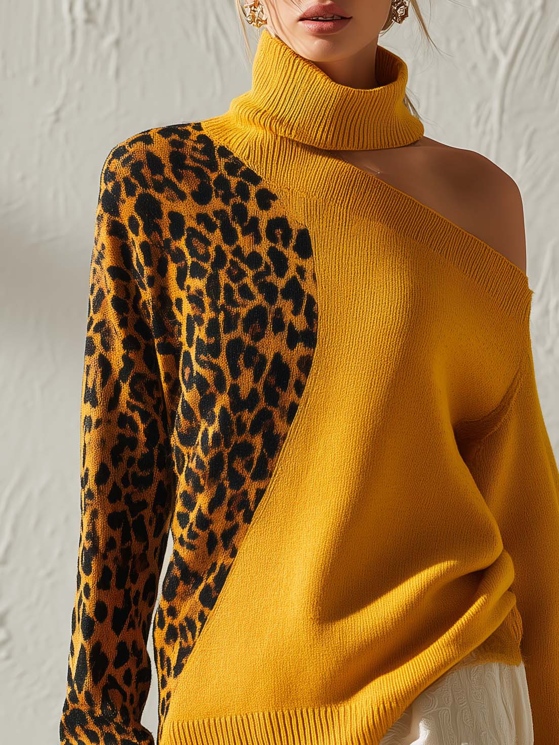 Renata | Women's Off-Shoulder Leopard Contrast Knit Top