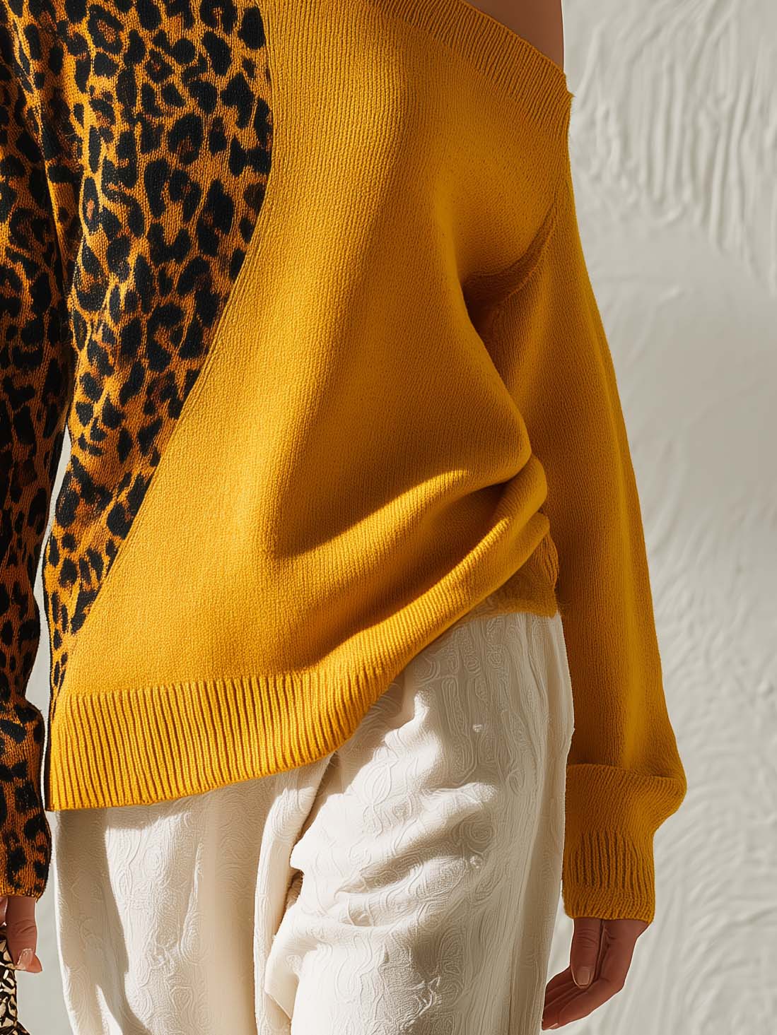 Renata | Women's Off-Shoulder Leopard Contrast Knit Top