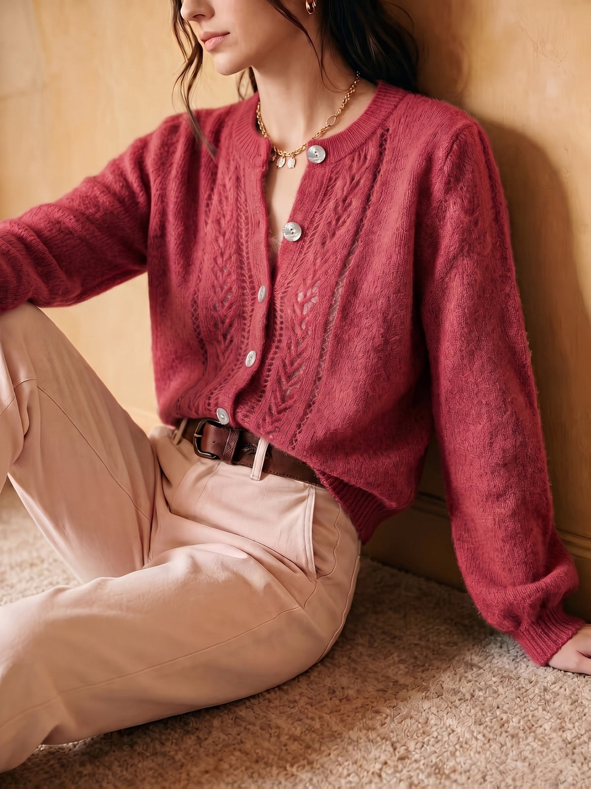 Irene-Priscilla | Women's Openwork Round-Neck Cardigan