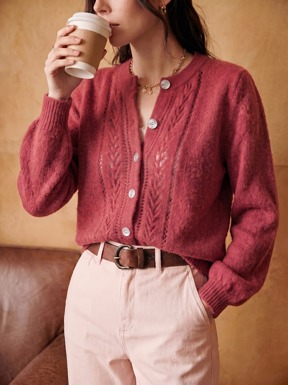 Irene-Priscilla | Women's Openwork Round-Neck Cardigan