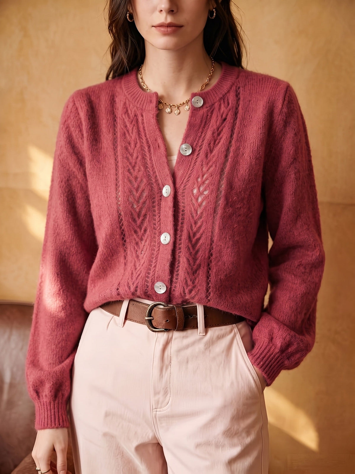 Irene-Priscilla | Women's Openwork Round-Neck Cardigan