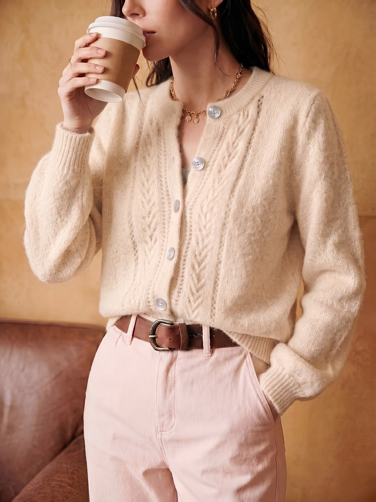 Irene-Priscilla | Women's Openwork Round-Neck Cardigan
