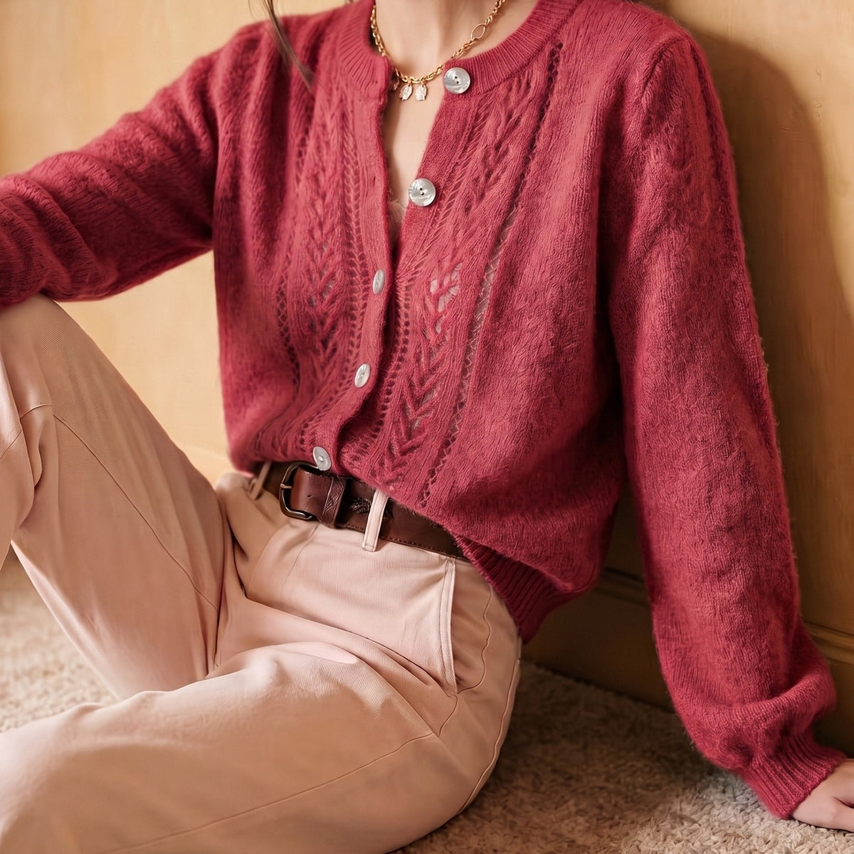 Irene-Priscilla | Women's Openwork Round-Neck Cardigan