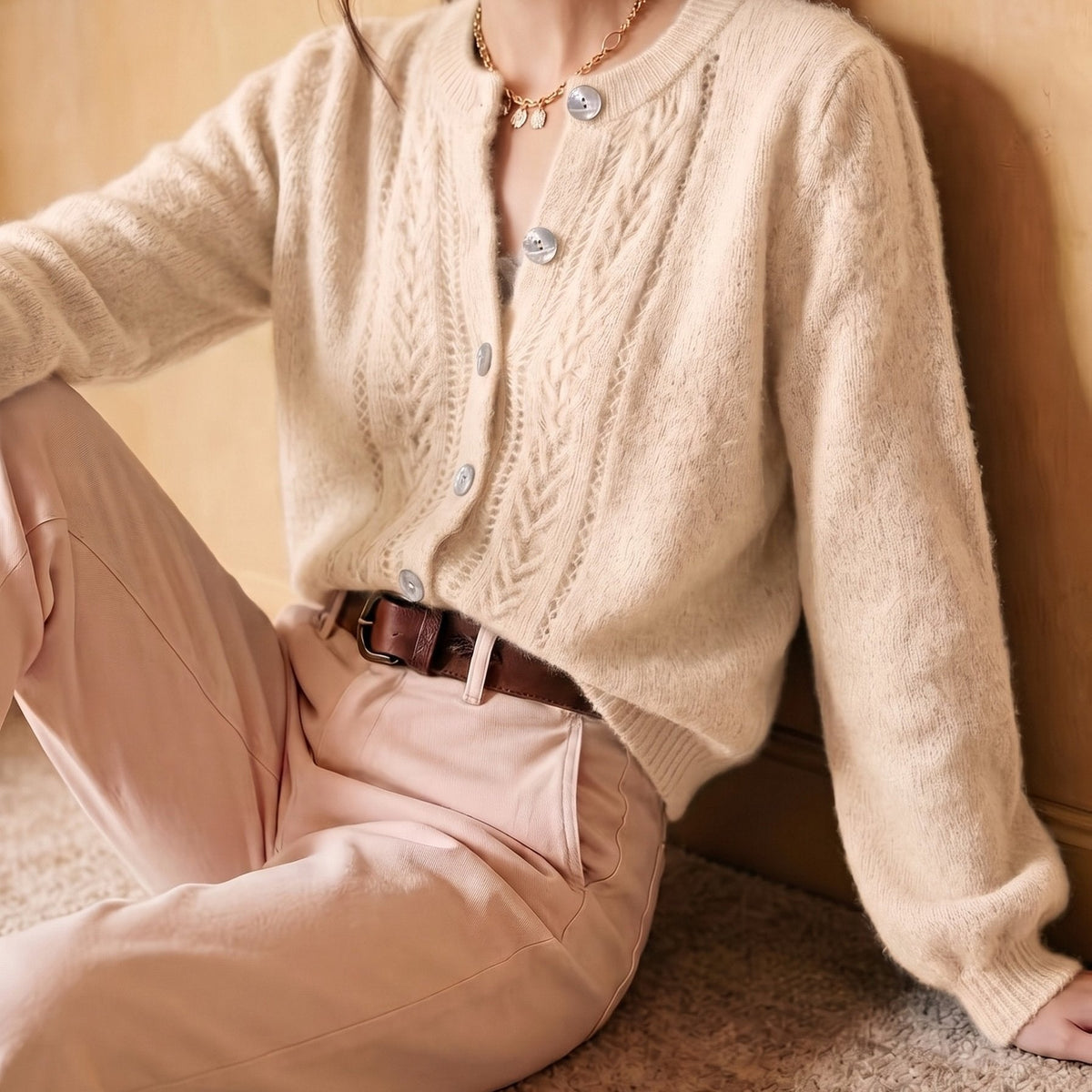 Irene-Priscilla | Women's Openwork Round-Neck Cardigan