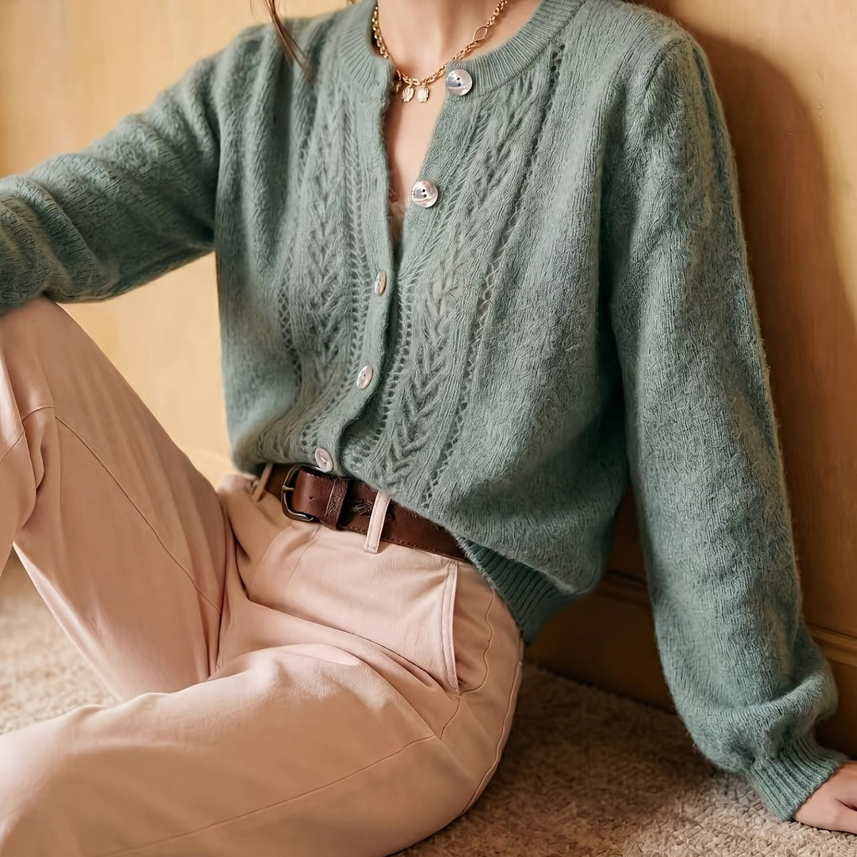 Irene-Priscilla | Women's Openwork Round-Neck Cardigan