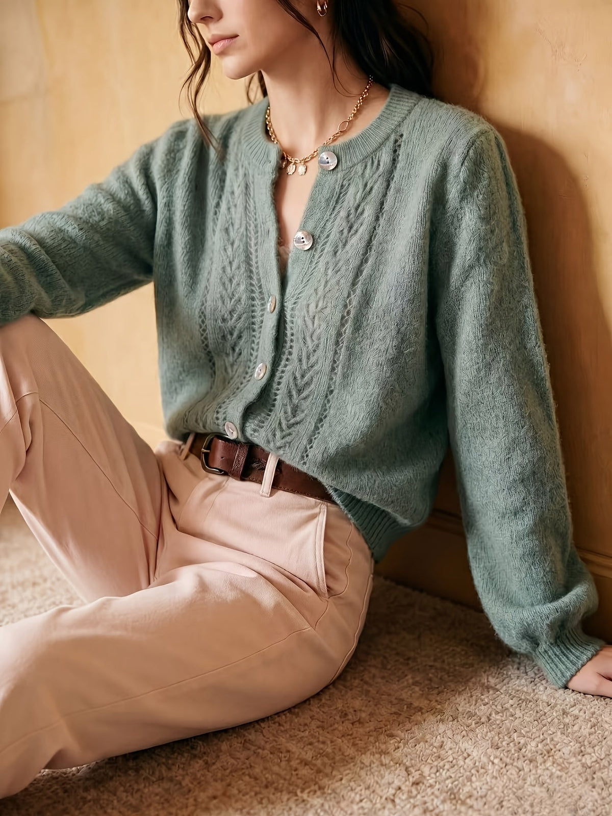 Irene-Priscilla | Women's Openwork Round-Neck Cardigan