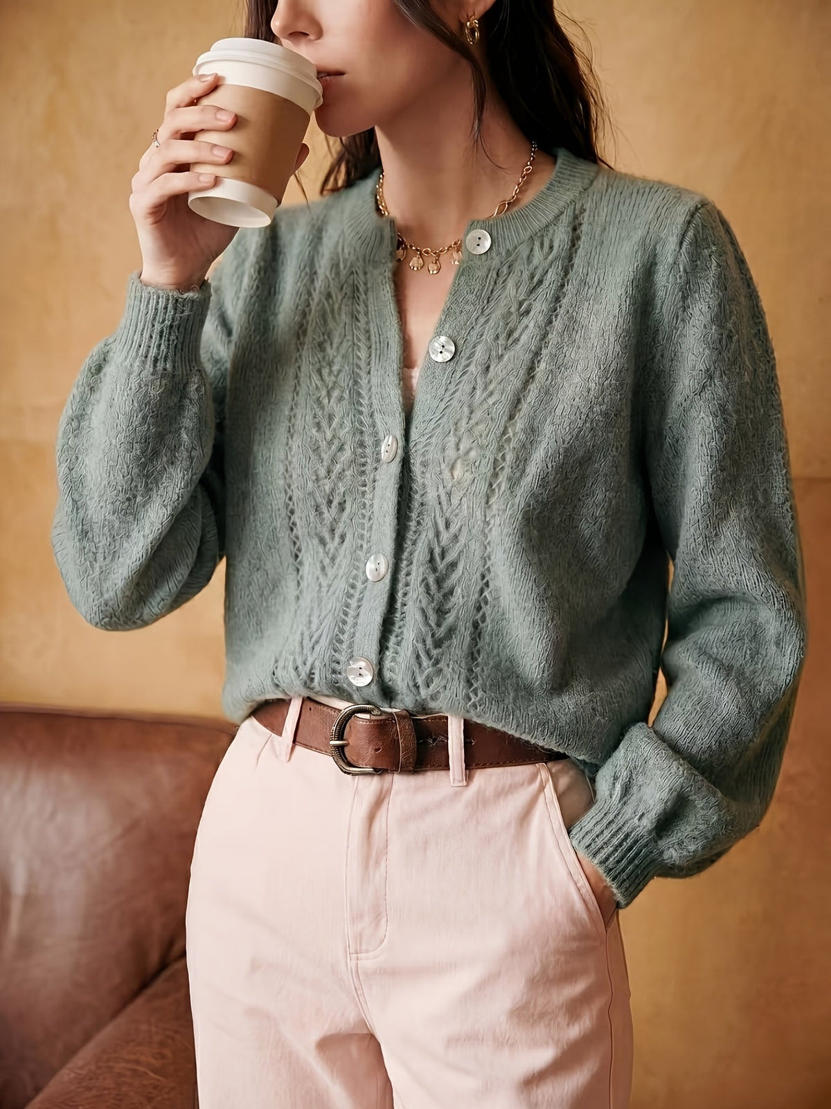 Irene-Priscilla | Women's Openwork Round-Neck Cardigan