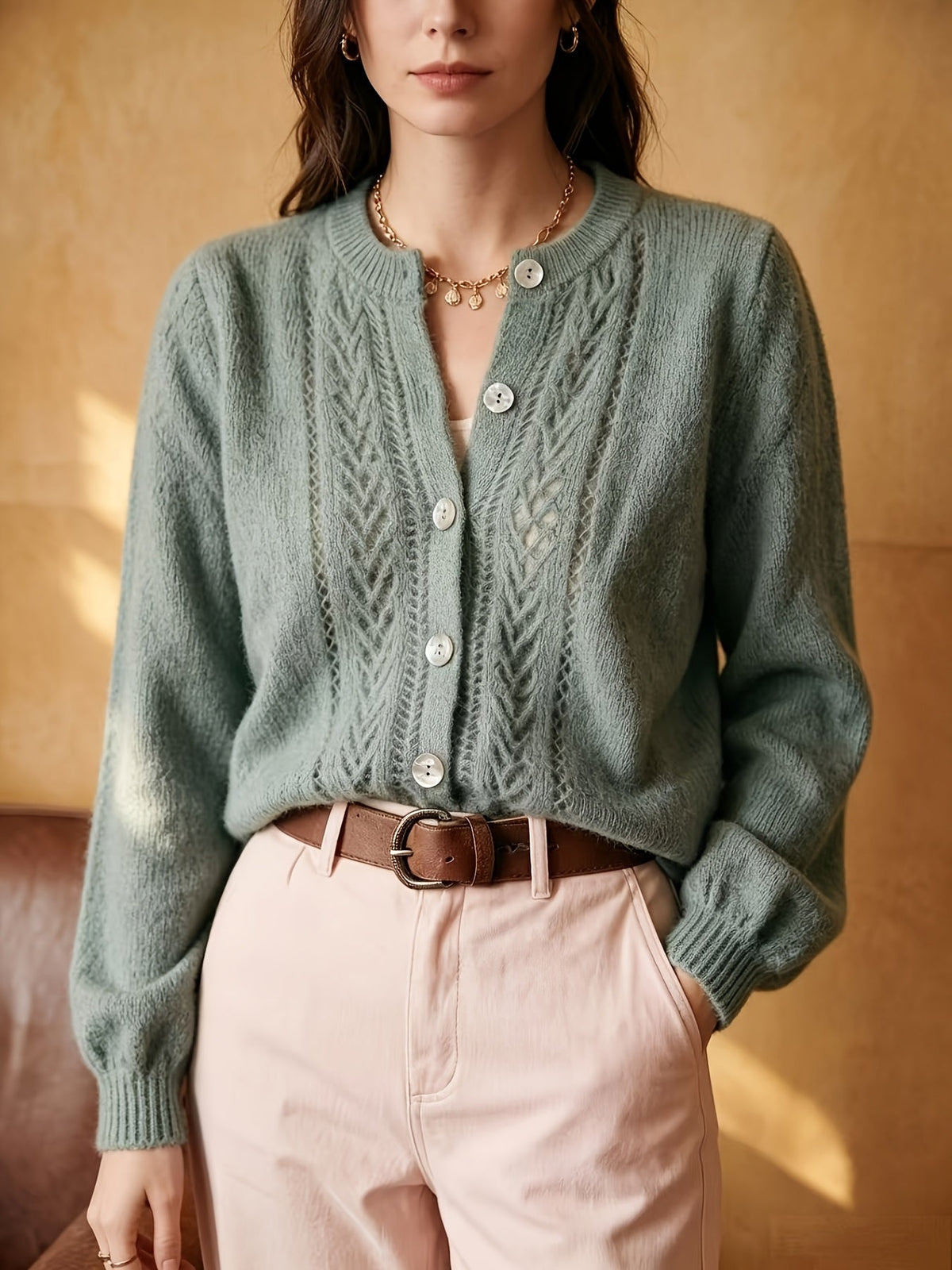 Irene-Priscilla | Women's Openwork Round-Neck Cardigan