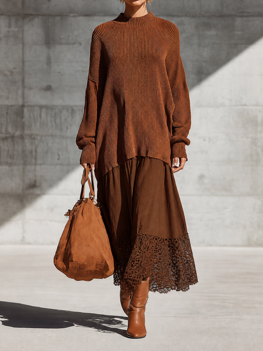 Irene-Penelope | Women's Oversized Knit Lace-Hem Skirt Set