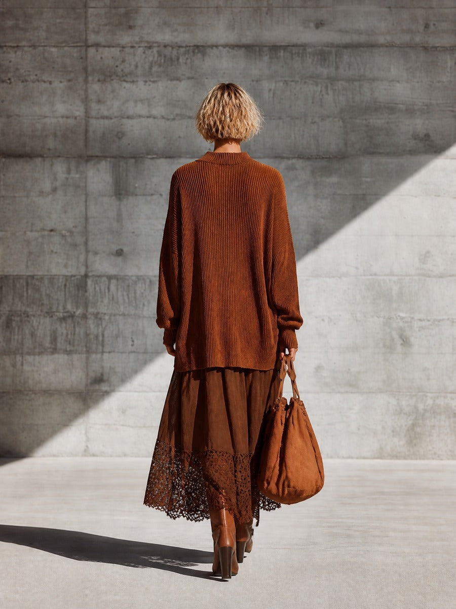 Irene-Penelope | Women's Oversized Knit Lace-Hem Skirt Set