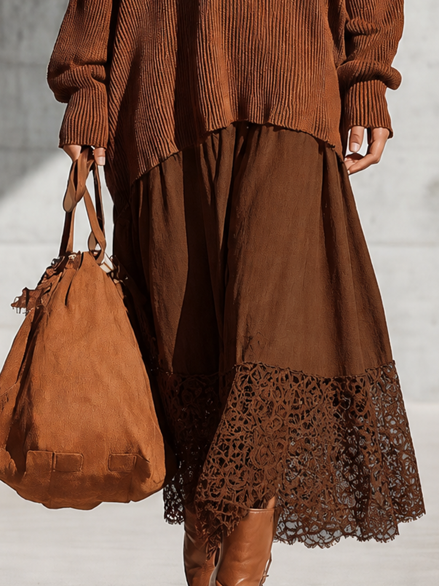Irene-Penelope | Women's Oversized Knit Lace-Hem Skirt Set
