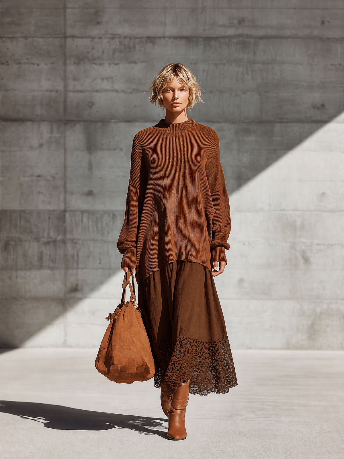 Irene-Penelope | Women's Oversized Knit Lace-Hem Skirt Set