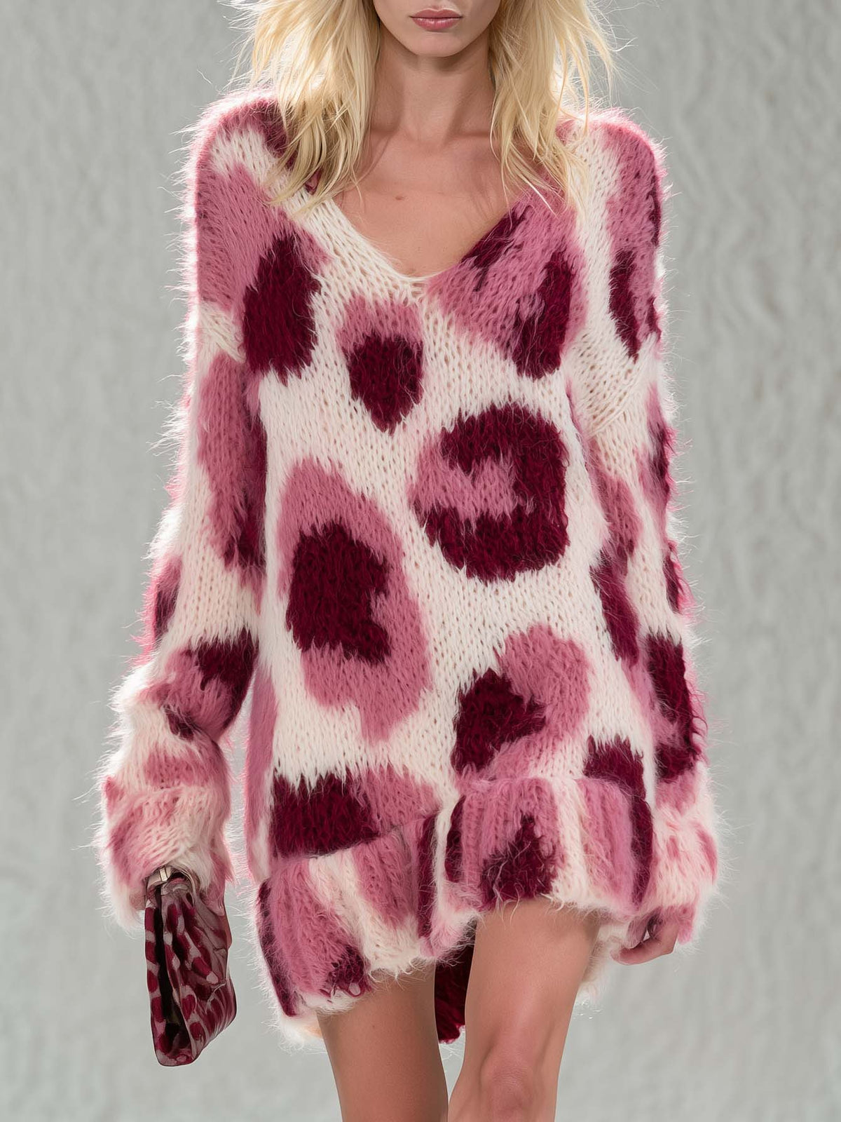 Bridget | Women's Pink Leopard Fuzzy Knit Sweater Dress