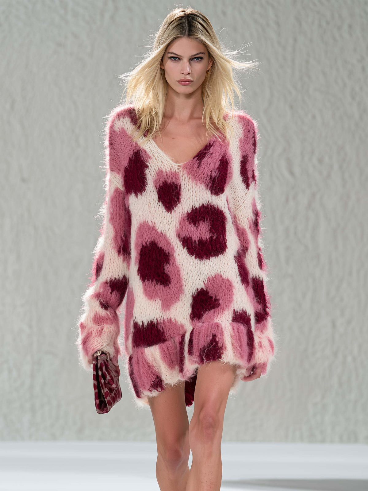 Bridget | Women's Pink Leopard Fuzzy Knit Sweater Dress