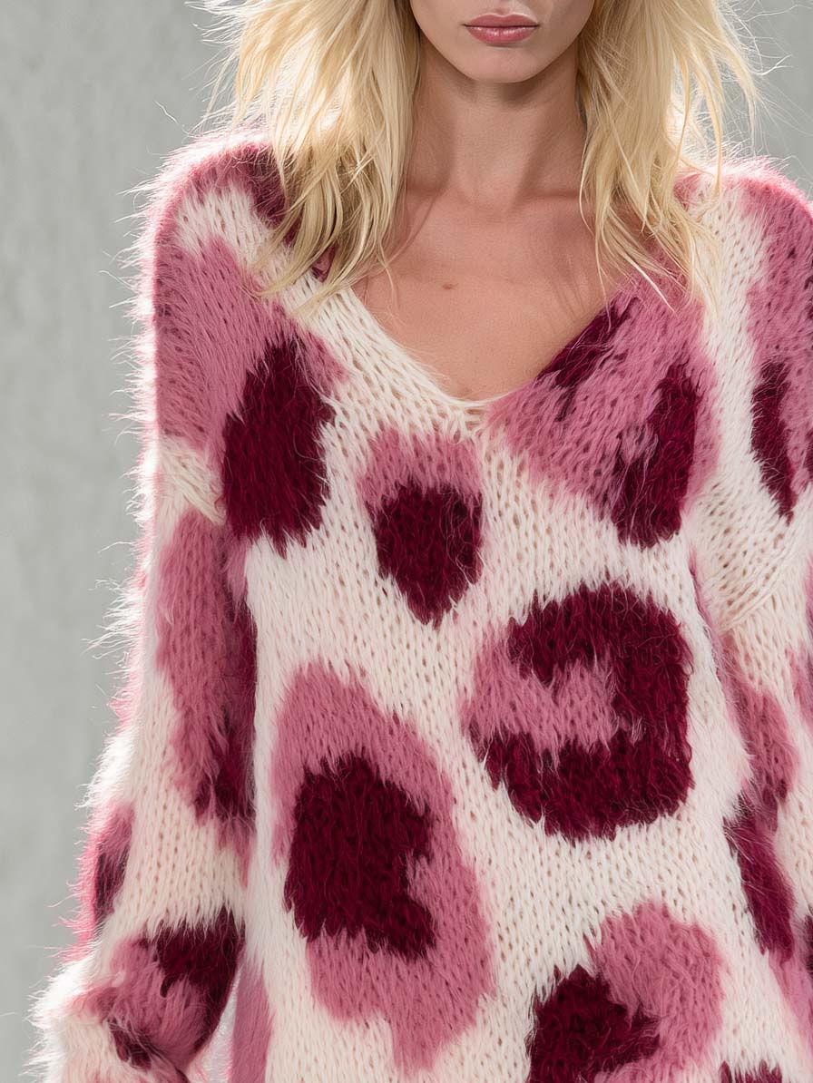 Bridget | Women's Pink Leopard Fuzzy Knit Sweater Dress