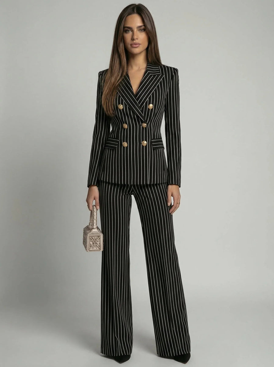 Ophelia-Simone | Women's Pinstripe Double-Breasted Blazer Set