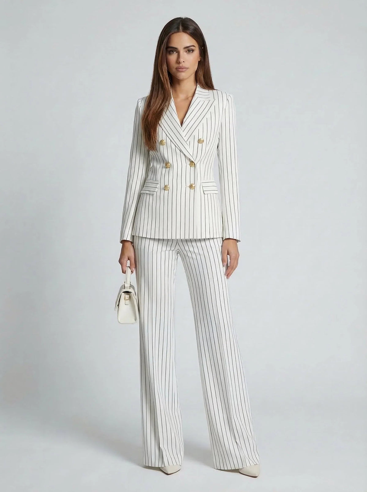 Ophelia-Simone | Women's Pinstripe Double-Breasted Blazer Set