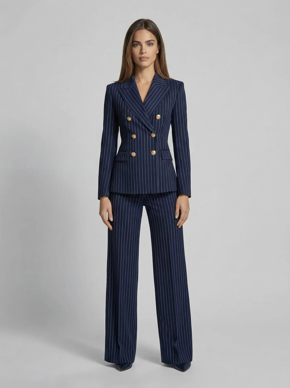 Ophelia-Simone | Women's Pinstripe Double-Breasted Blazer Set