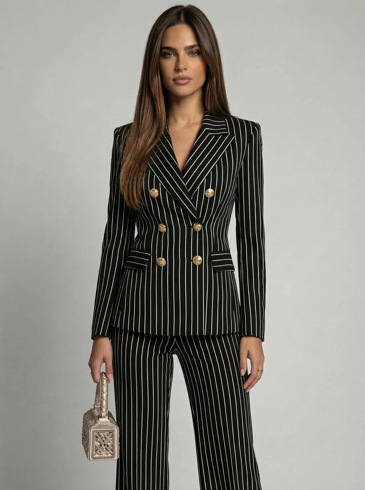 Ophelia-Simone | Women's Pinstripe Double-Breasted Blazer Set