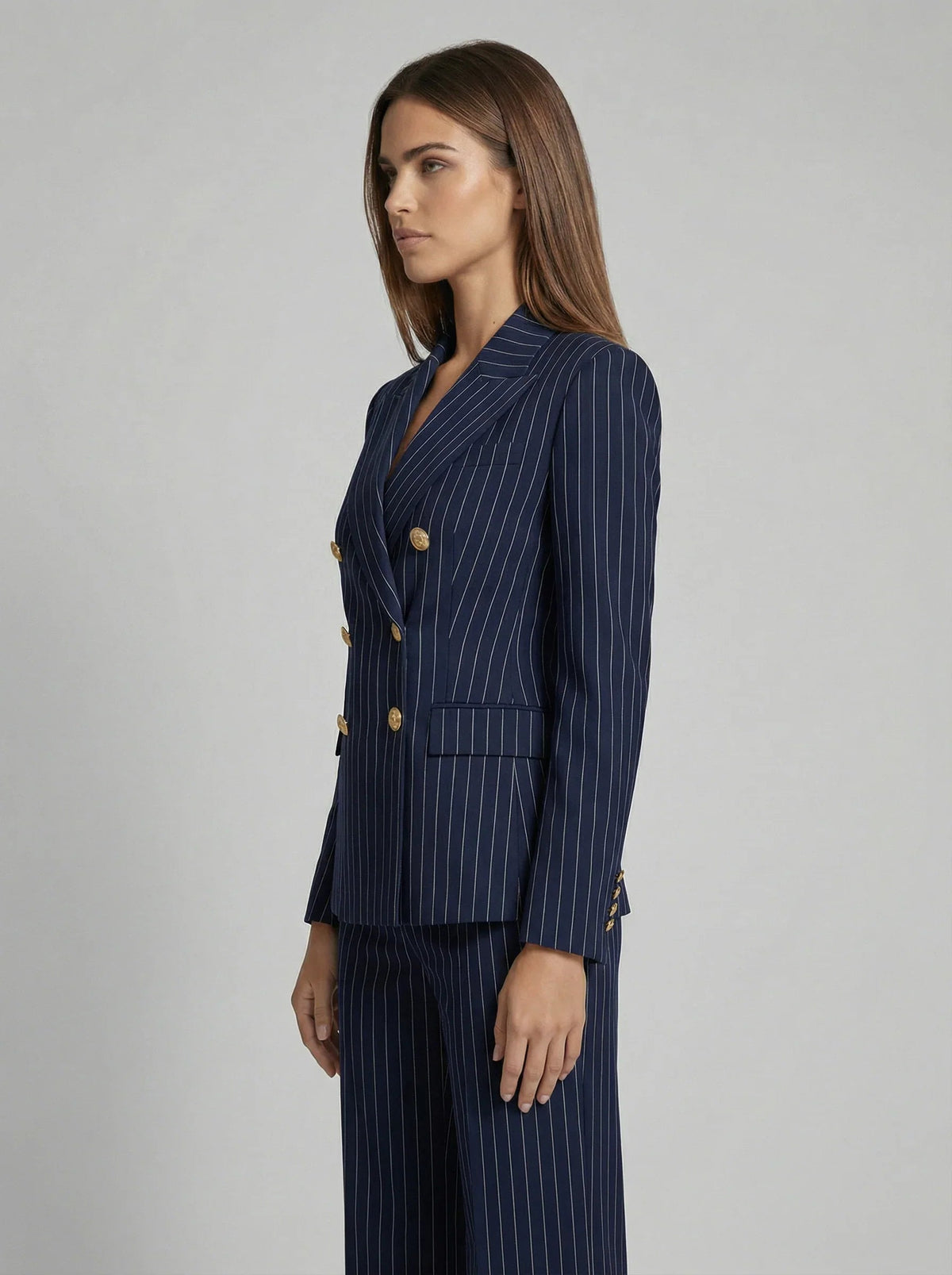Ophelia-Simone | Women's Pinstripe Double-Breasted Blazer Set