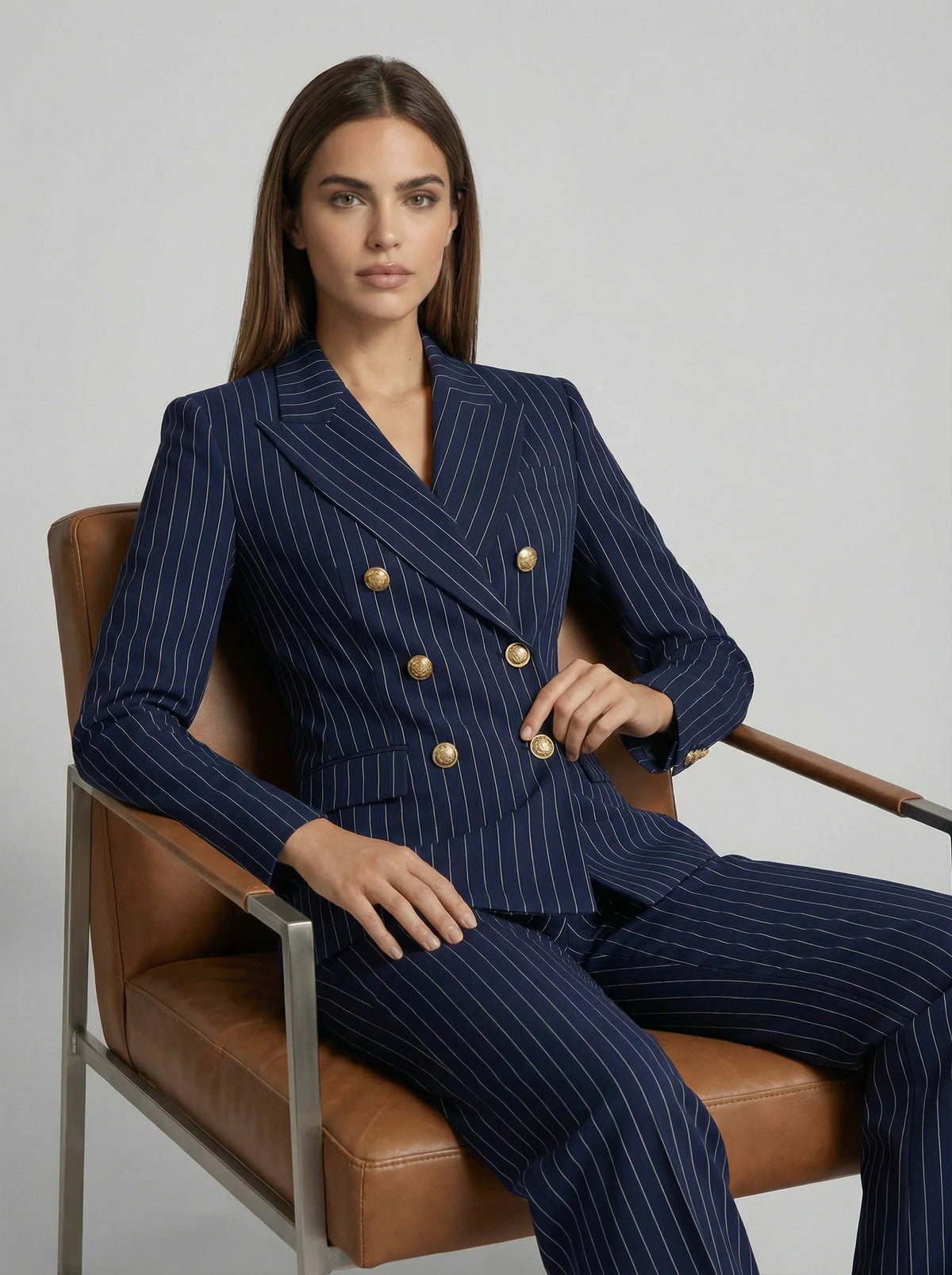 Ophelia-Simone | Women's Pinstripe Double-Breasted Blazer Set