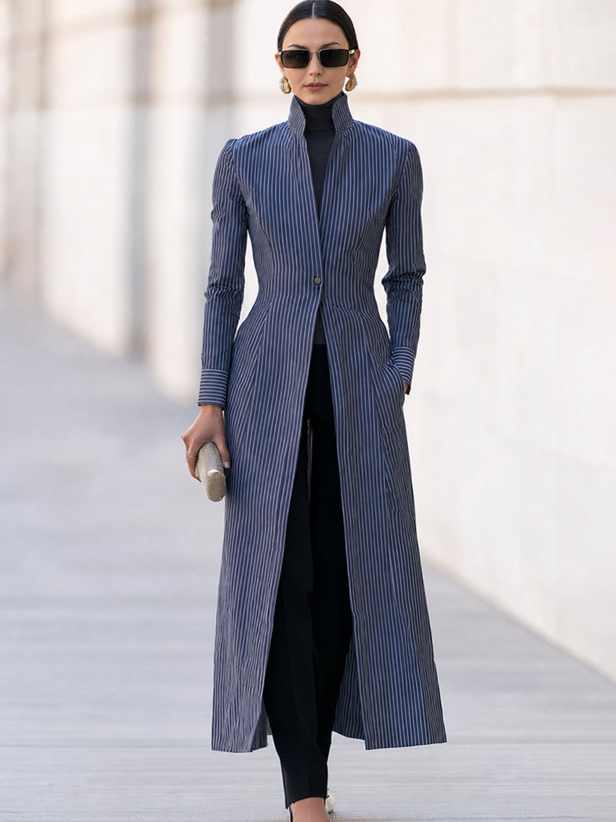 Sabine | Women's Pinstripe Tailored Maxi Trench Coat