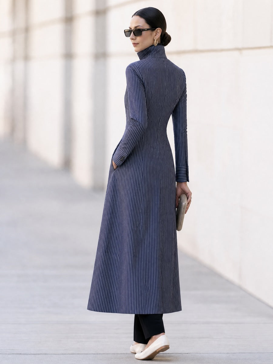 Sabine | Women's Pinstripe Tailored Maxi Trench Coat