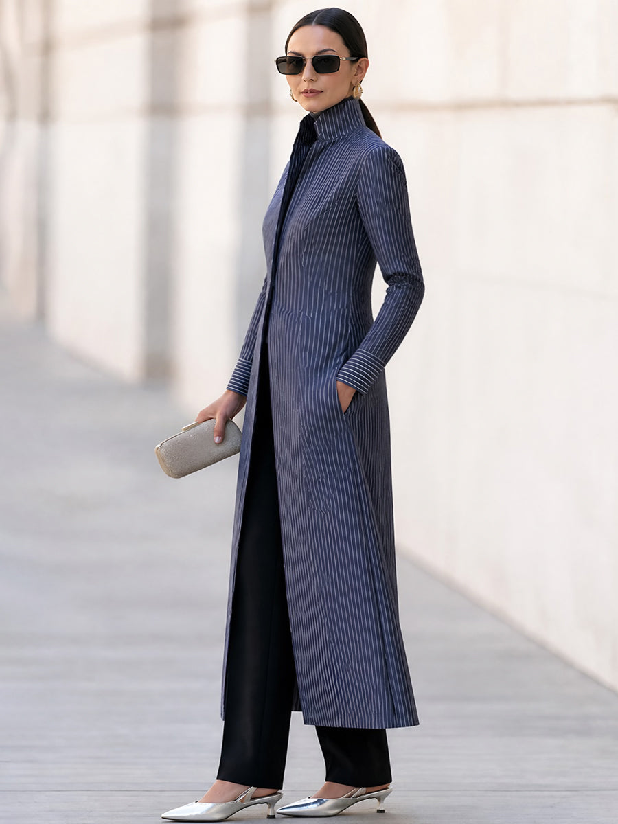 Sabine | Women's Pinstripe Tailored Maxi Trench Coat