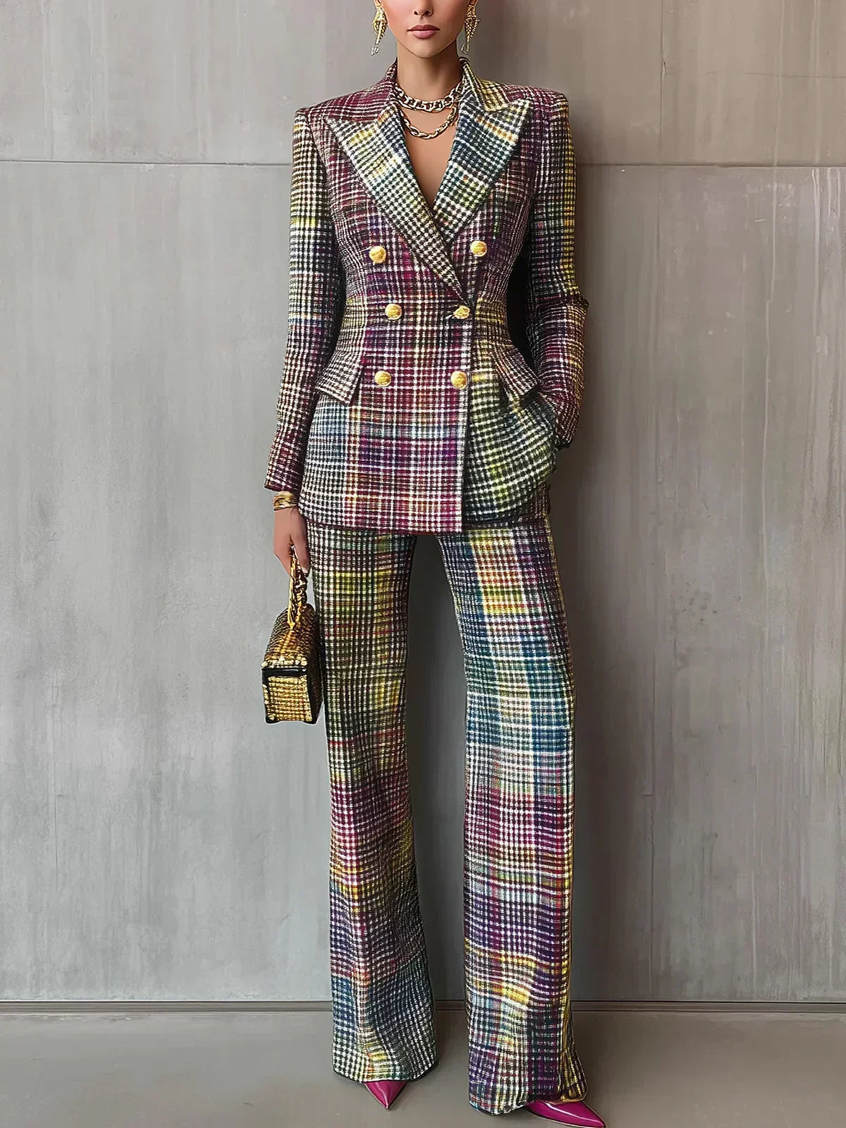 Zelda-Violet | Women's Plaid Blazer & Wide Leg Trousers Set