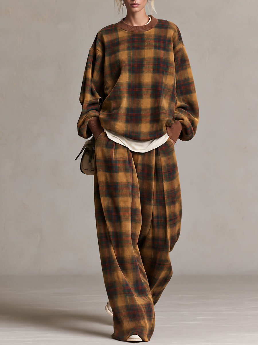 Bianca-Lottie | Women's Plaid Sweatshirt & Wide-Leg Pants Set
