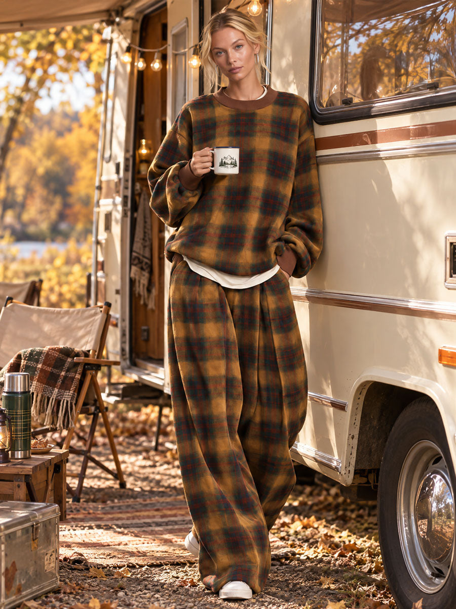 Bianca-Lottie | Women's Plaid Sweatshirt & Wide-Leg Pants Set