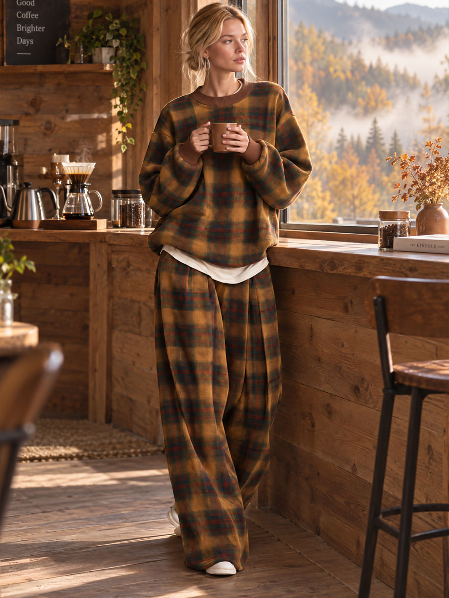 Bianca-Lottie | Women's Plaid Sweatshirt & Wide-Leg Pants Set